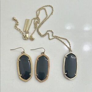 Lee Gold Drop Earrings in Black Opaque Glass + necklace